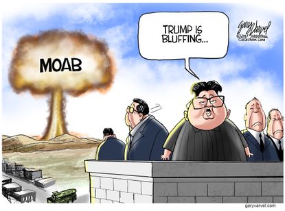 Political Cartoon U.S. Trump Kim Jong Un MOAB War