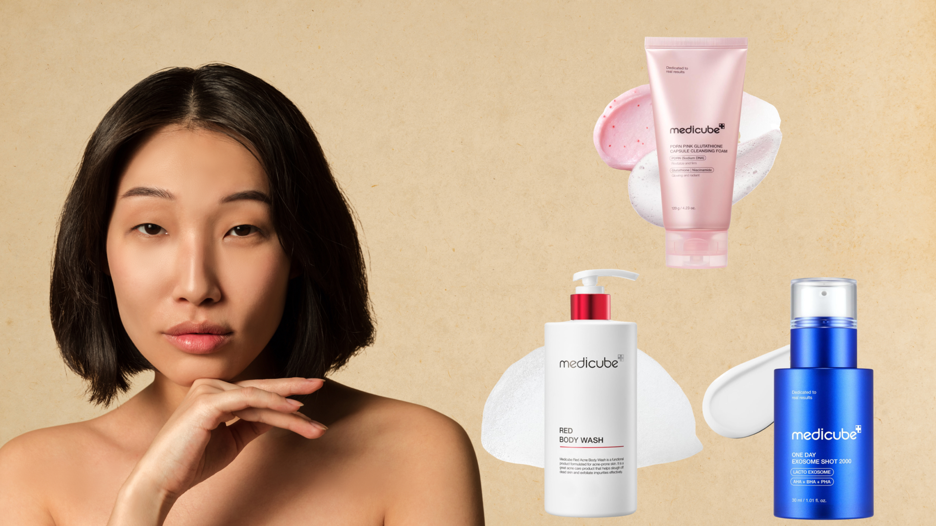 A woman with a bob haircut next to three k beauty products. 