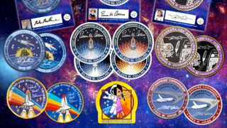 different design embroidered patches, each featuring an astronaut's signature sewn into the design