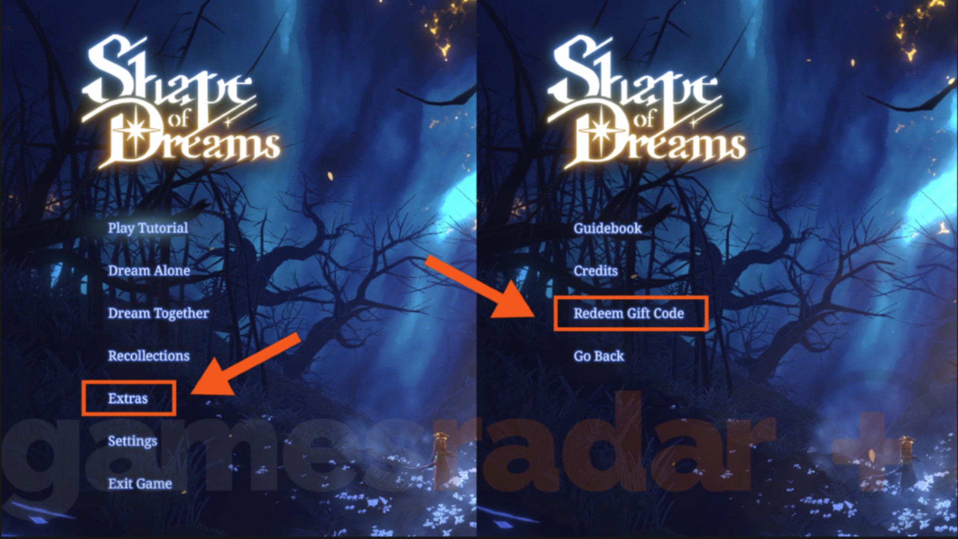 Orange arrows direct players to the Redeem Gift Code menu where you can enter Shape of Dreams codes.