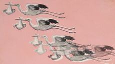Illustrative collage of many storks carrying babies