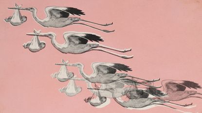 Illustrative collage of many storks carrying babies