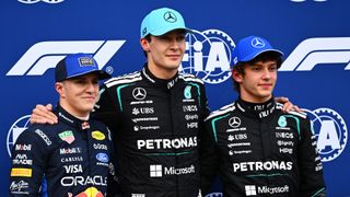 Pole sitter George Russell of Mercedes with Andrea Kimi Antonelli of Mercedes and Isack Hadjar Red Bull at the 2026 Australian Grand Prix