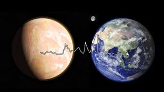 Two planets, the left one with pinkish hues, connected by a jagged line like a heart rate monitor to the right planet, earth. A small moon hangs top left of earth, between the planets.
