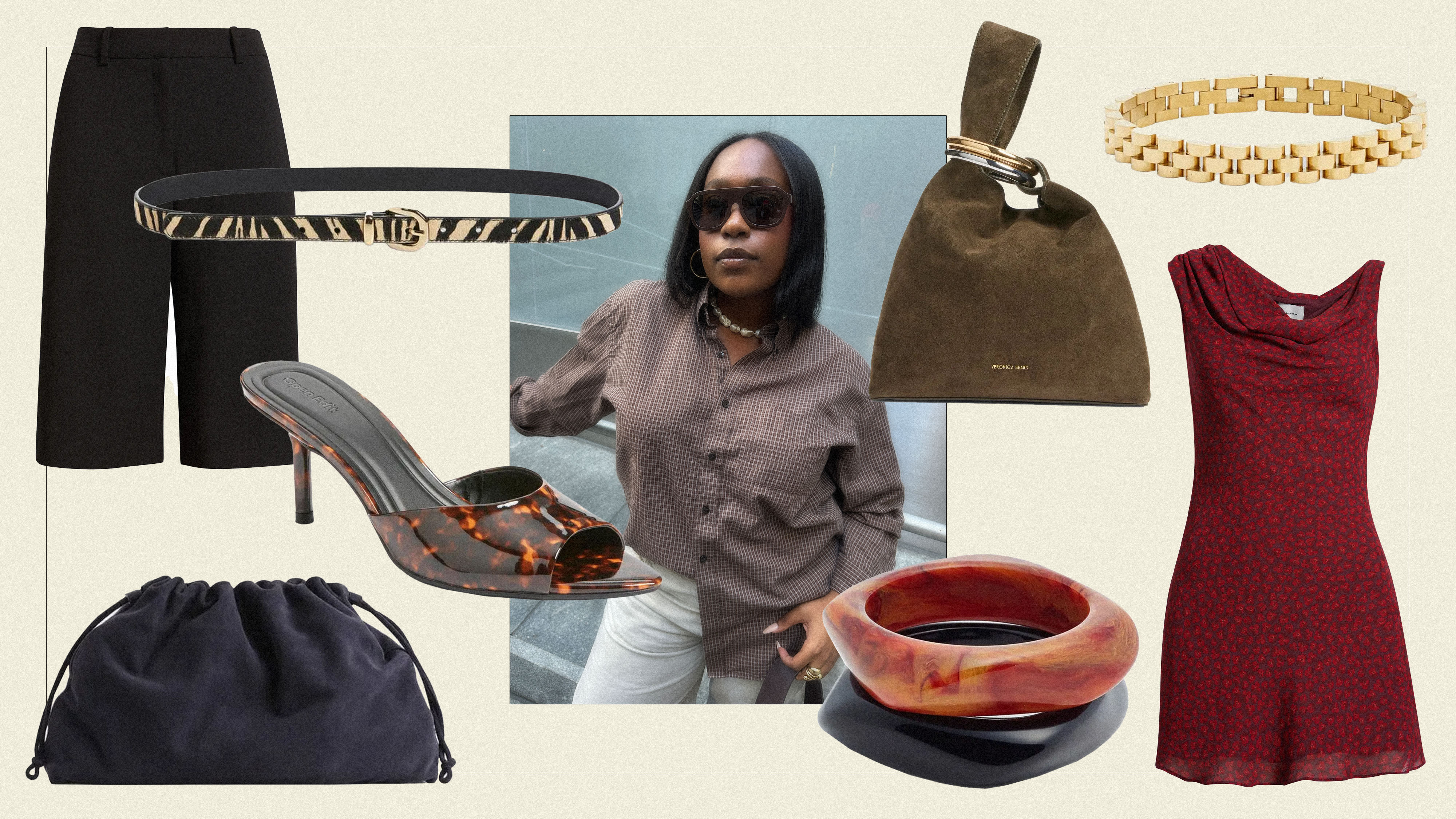 a collage Nordstrom Anniversary Sale pieces of including bracelet, belt, dress, shorts