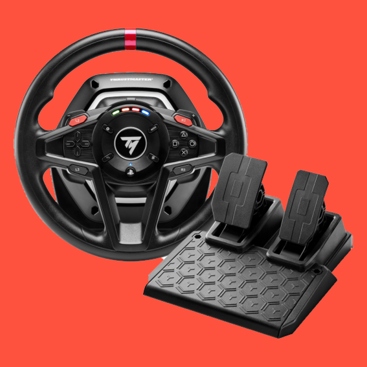 A Thrustmaster T128 racing wheel and pedal set on a red background
