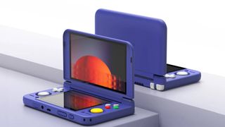 Purple Retroid Pocket Duo Lite+ handheld on grey blocks at an angle with clamshell open.