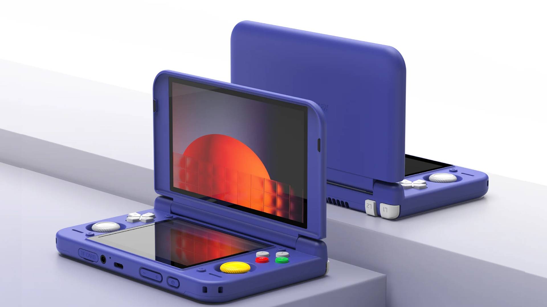 Purple Retroid Pocket Duo Lite+ handheld on grey blocks at an angle with clamshell open.