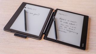 The Amazon Kindle Scribe beside the Kobo Elipsa 2E with their respective styluses
