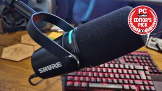 The Shure MV7 Plus Podcast Microphone, with a PC Gamer "Editor's Pick" badge in the top right corner