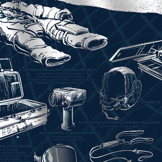 : A close-up of the poster by Rob Loukotka that shows some of the illustrations of items carried to the moon on the Apollo 11 mission, such as the communications carrier headset.