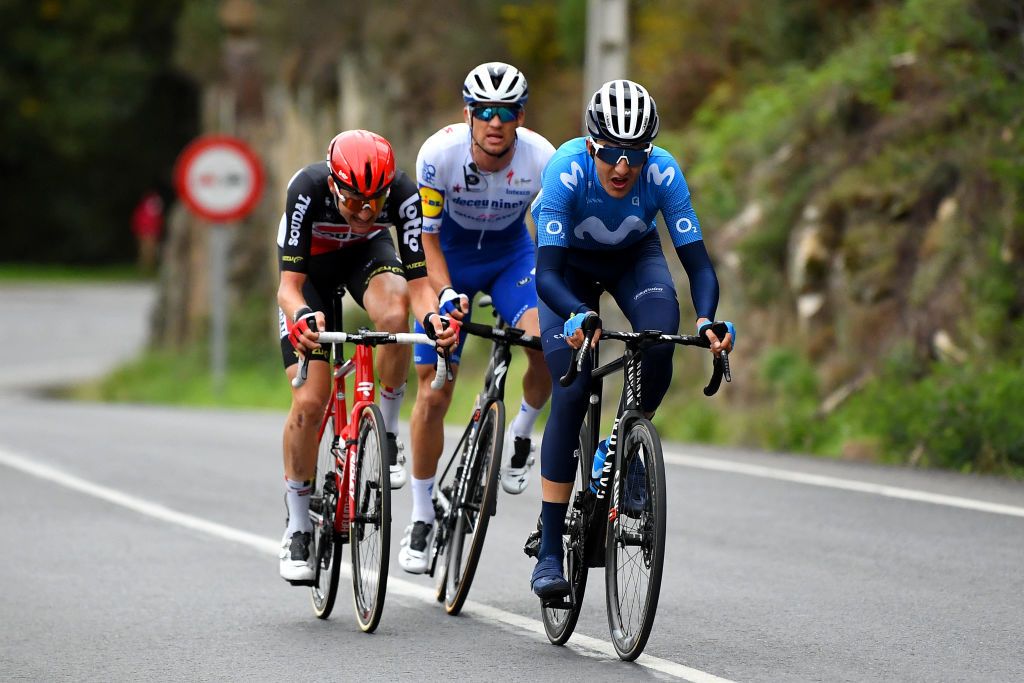 OURENSE SPAIN NOVEMBER 04 Zdenek Stybar of Czech Republic and Team Deceuninck QuickStep Marc Soler Gimenez of Spain and Movistar Team Tim Wellens of Belgium and Team Lotto Soudal Breakaway during the 75th Tour of Spain 2020 Stage 14 a 2047km stage from Lugo to Ourense lavuelta LaVuelta20 La Vuelta on November 04 2020 in Ourense Spain Photo by David RamosGetty Images