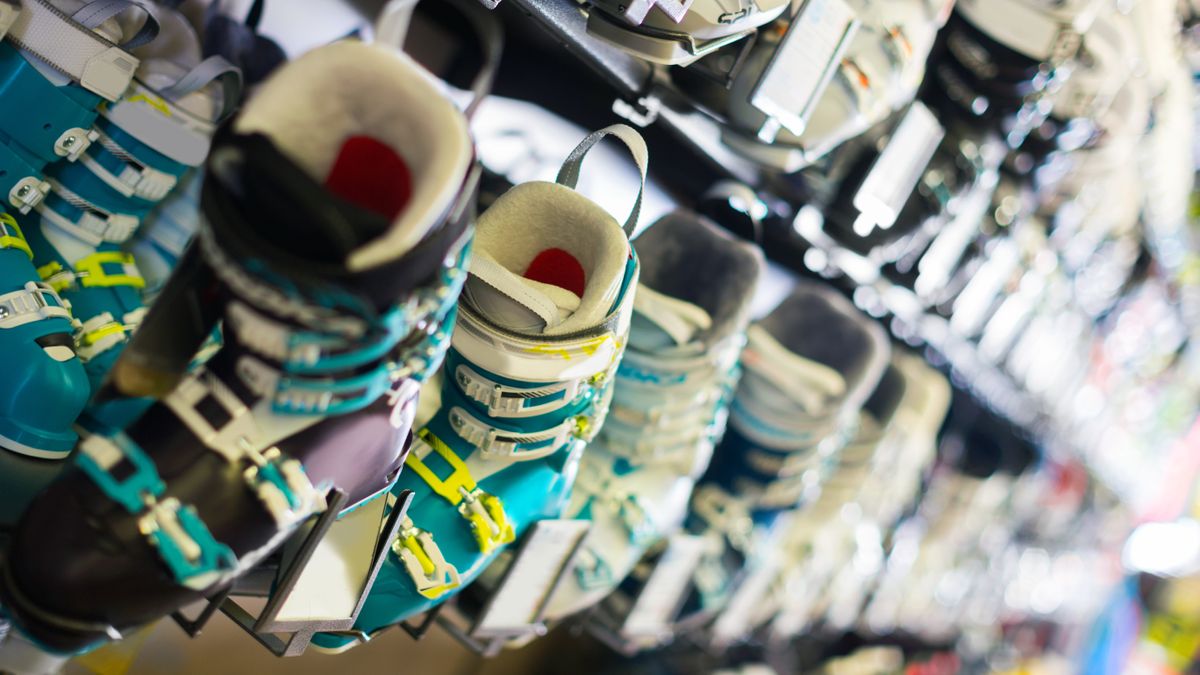 Colorful ski boots on showcase 