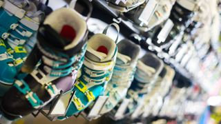 Colorful ski boots on showcase 