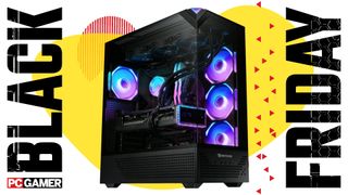 An image of an iBuyPower gaming PC with an RTX 5070 graphics card, against a colorful background, with a set of PC Gamer and Black Friday logos on the sides