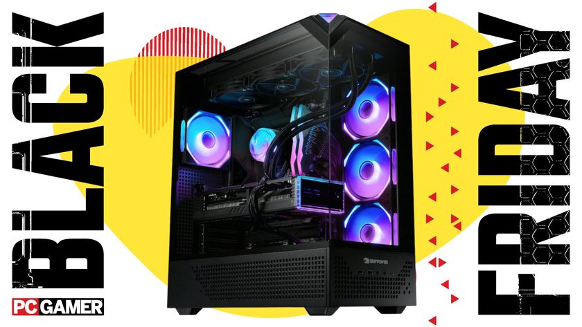 An image of an iBuyPower gaming PC with an RTX 5070 graphics card, against a colorful background, with a set of PC Gamer and Black Friday logos on the sides
