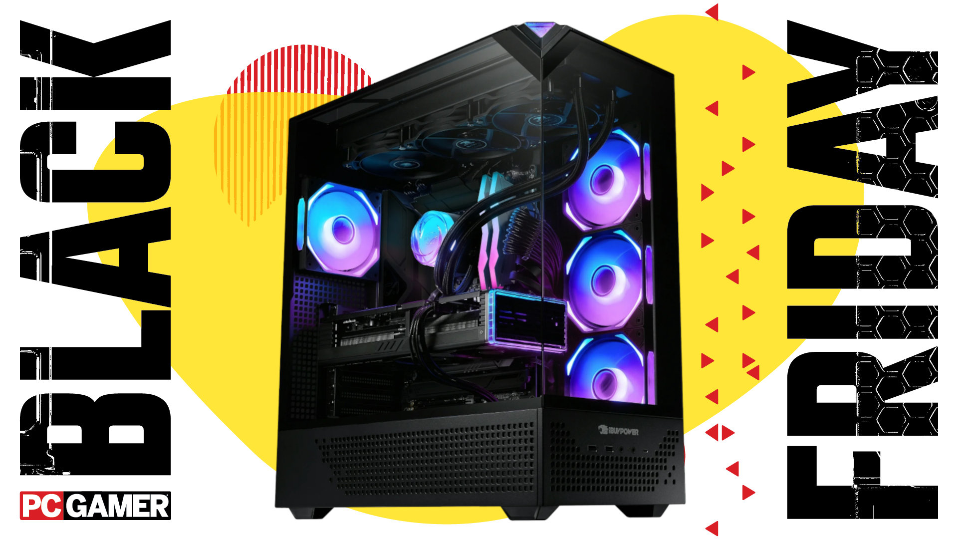 An image of an iBuyPower gaming PC with an RTX 5070 graphics card, against a colorful background, with a set of PC Gamer and Black Friday logos on the sides
