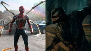 Spider-Man and Venom pictured side by side in Spider-Man: No Way Home and Venom: Let There Be Carnage.