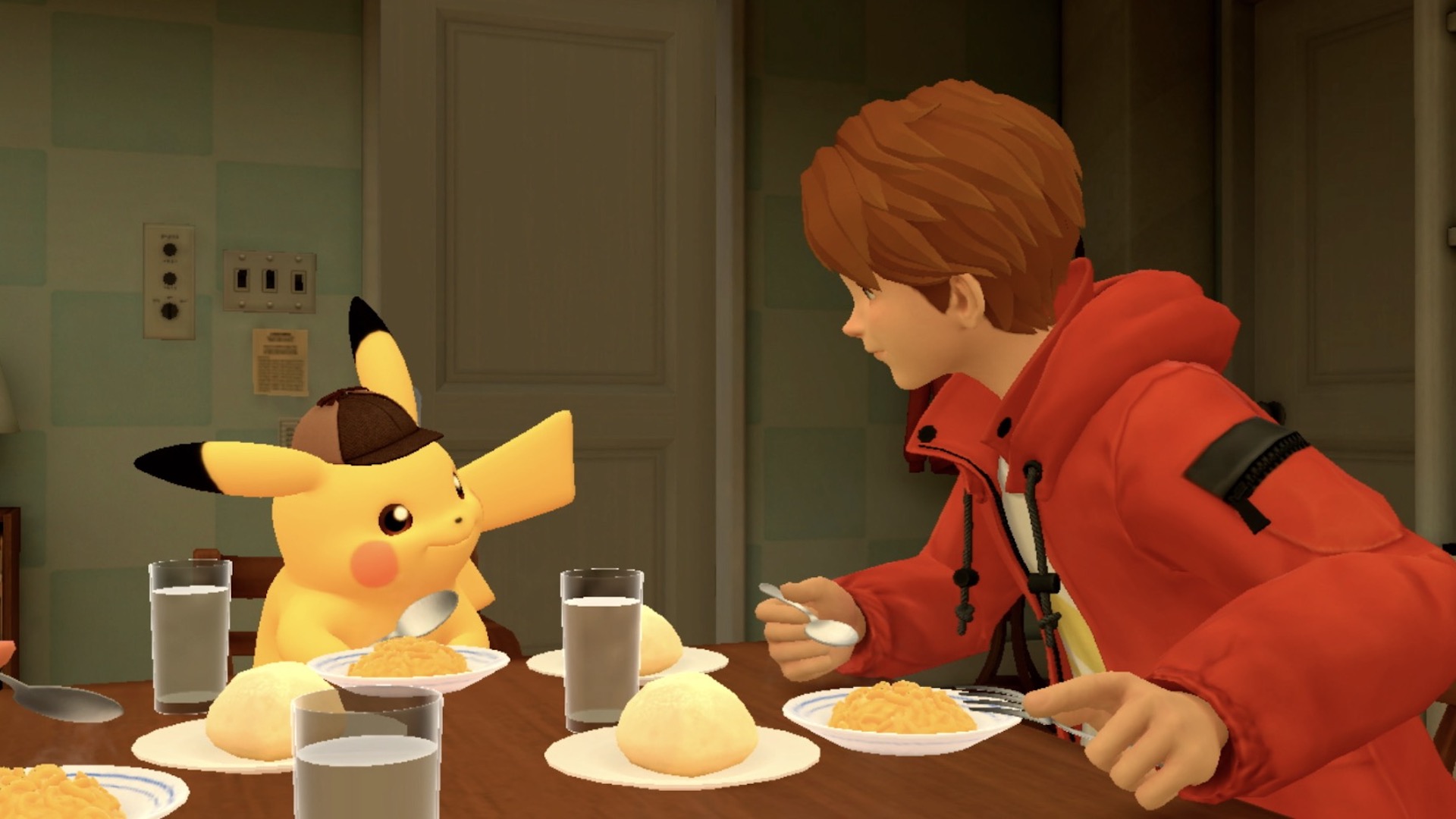Detective Pikachu and Tim Goodman eat dinner together