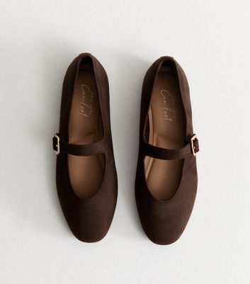 Brown Faux Suede High Vamp Mary Jane Ballerina Flats