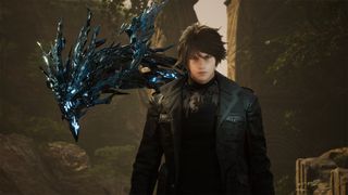 A man in a leather jacket with a crystal dragon on his shoulder