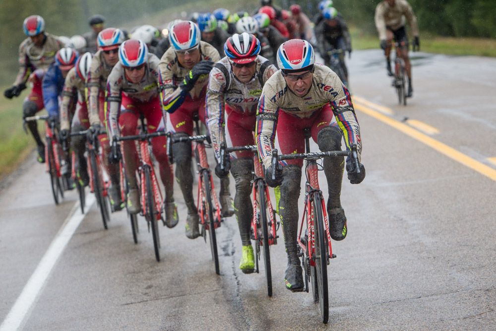 Katusha comes to the front after they clear the first dirt section