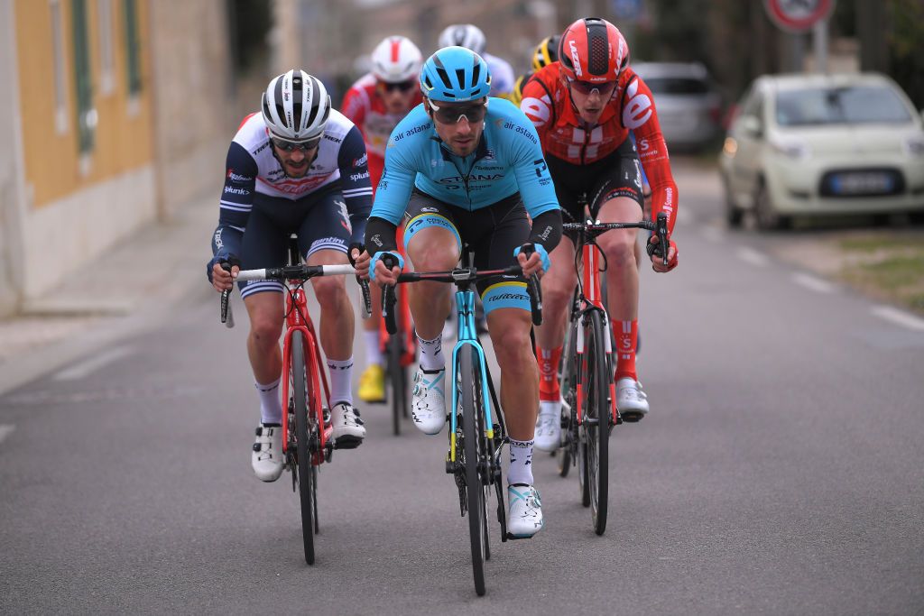 AIXENPROVENCE FRANCE FEBRUARY 16 Julien Bernard of France and Team Trek Segafredo Fabio Felline of Italy and Team Astana Pro Team Chad Haga of The United States and Team Sunweb during the 5th Tour de La Provence 2020 Stage 4 a 1705km stage from Avignon to AixEnProvence TDLP letourdelaprovence TDLP2020 on February 16 2020 in AixEnProvence France Photo by Luc ClaessenGetty Images