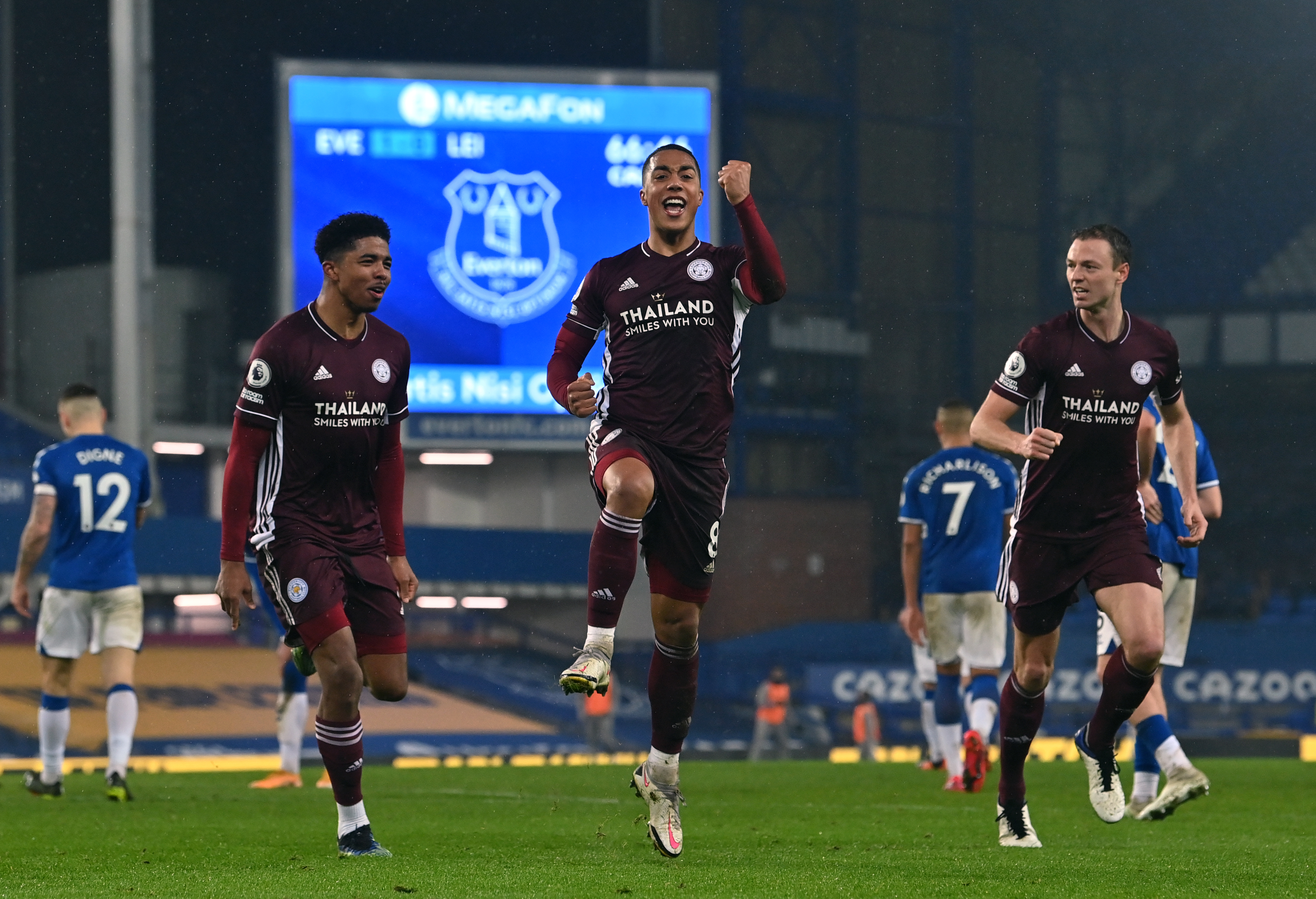 Youri Tielemans, centre, celebrates Leicester's equaliser