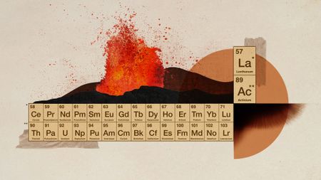 Photo collage of a volcano, and fragments the periodic table of elements showing the rare earth metals