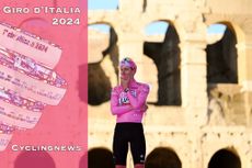 ROME, ITALY - MAY 26: Tadej Pogacar of Slovenia and UAE Team Emirates - Pink Leader Jersey celebrates at podium as final race overall winner during the 107th Giro d'Italia 2024, Stage 21 a 125km stage from Rome to Rome / #UCIWT / on May 26, 2024 in Rome, Italy. (Photo by Dario Belingheri/Getty Images)
