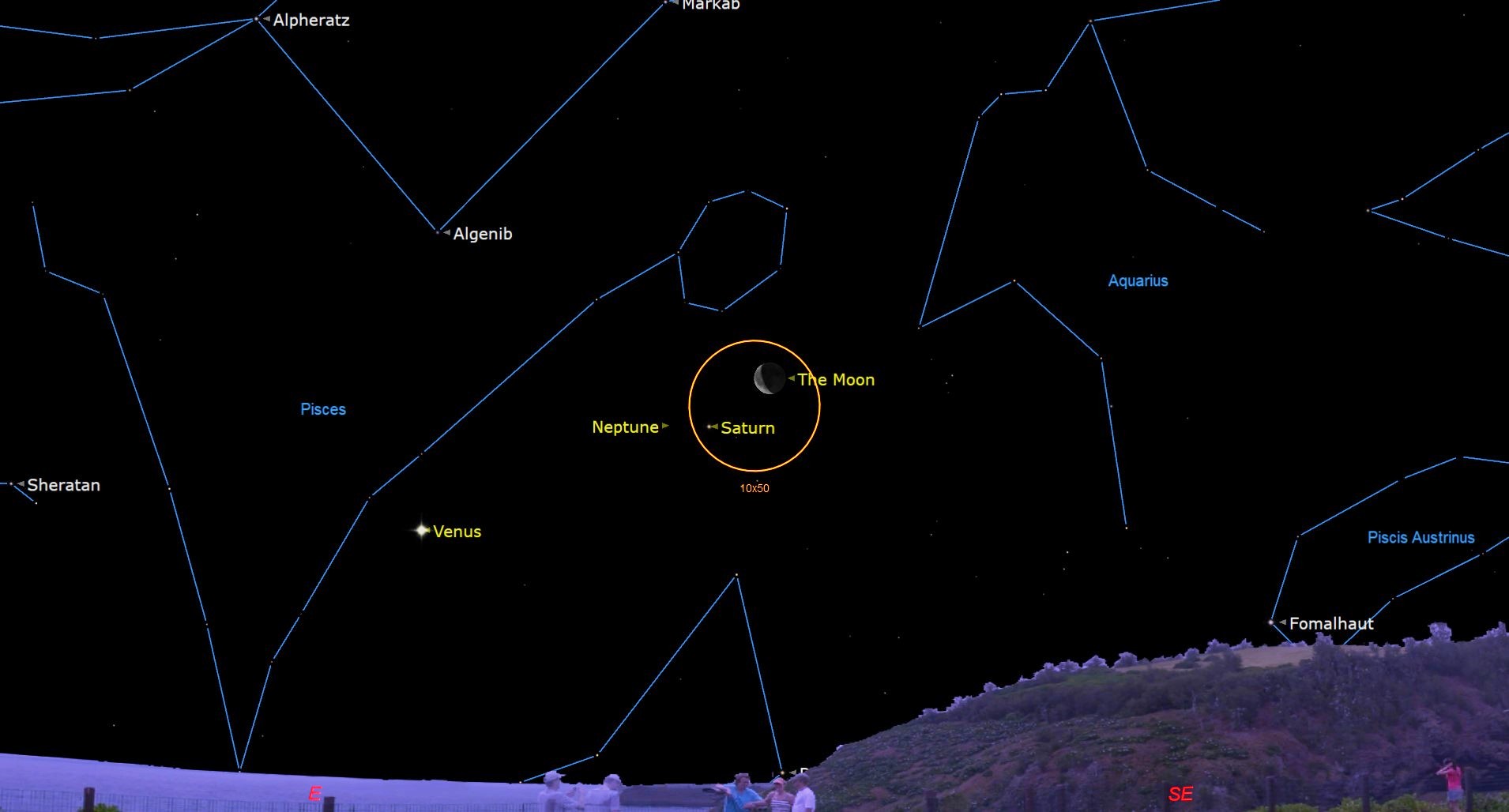 night sky map graphic showing the moon and Saturn in an orange circle.