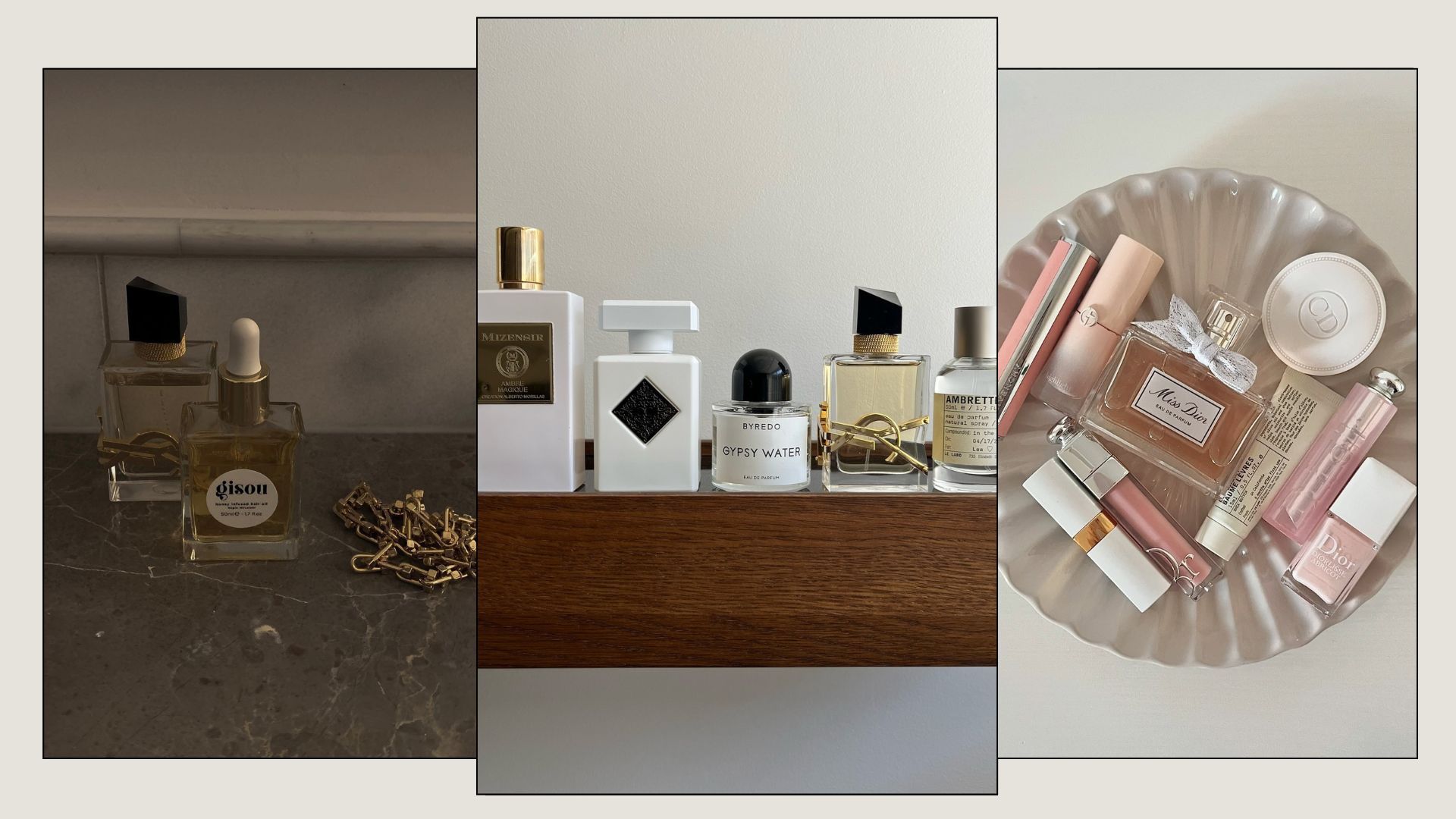 A collage of stylish perfume imagery, including YSL Libre, Byredo Gypsy Water and Dior Miss Dior
