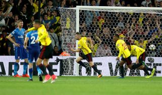 Tom Cleverley (centre) reduced the arrears as Watford battled from two goals behind to earn a draw against Arsenal early in the 2019/20 season.