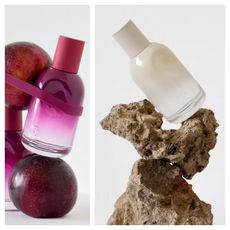 two glossier bottles with a rock and apple on white background