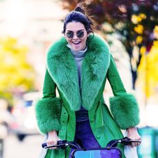 Fur, Street fashion, Green, Clothing, Fur clothing, Coat, Fashion, Eyewear, Yellow, Outerwear, 