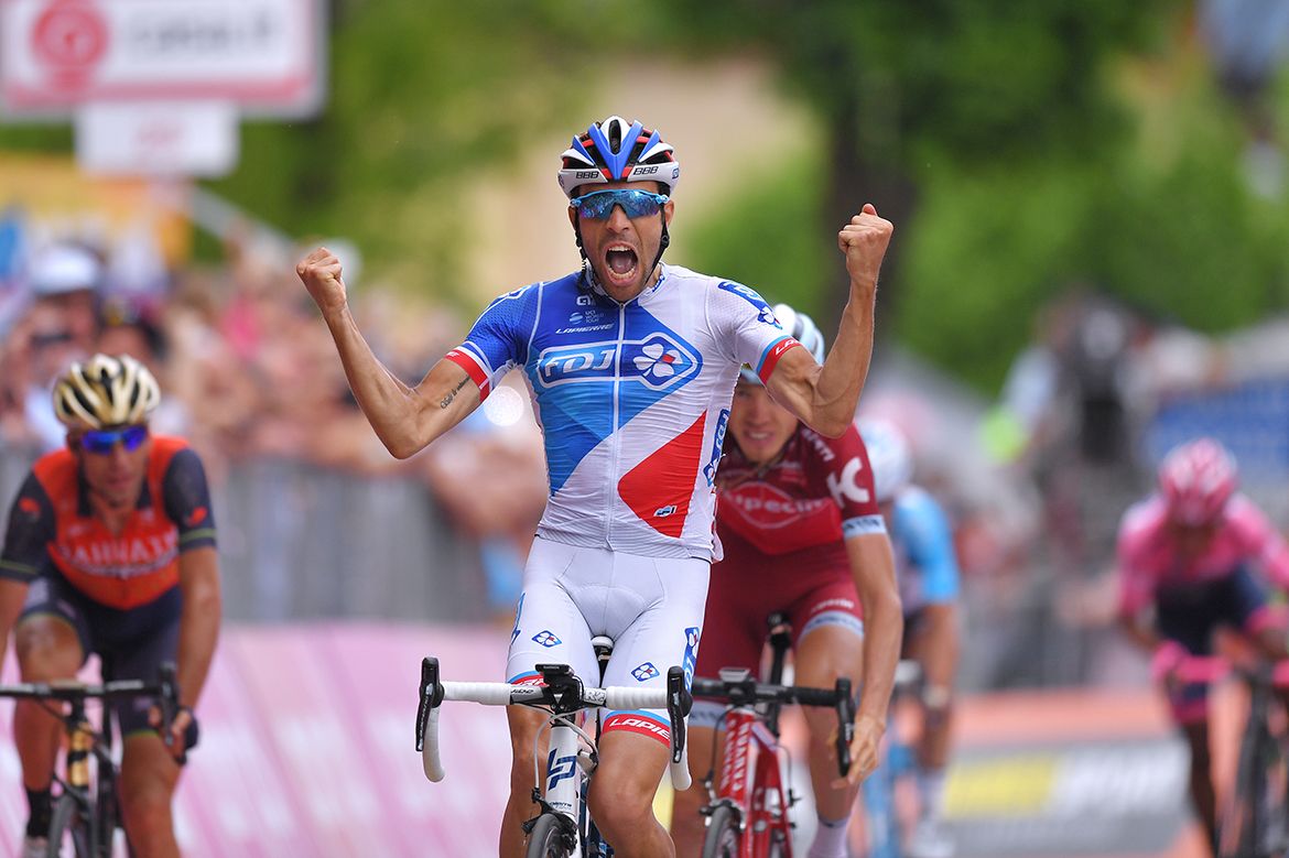 Thibaut Pinot sprints to victory on stage 20 of the Giro d'Italia.