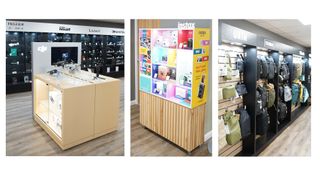 Interior view of the new Clifton Cameras showroom in Cheltenham, UK, showing product displays of brands including DJI, Insta, Urth and Tenba