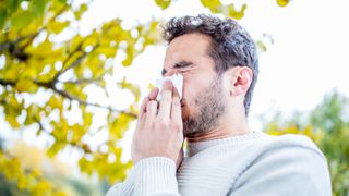 Coronavirus symptoms vs seasonal allergies: a man with allergies sneezes into a tissue