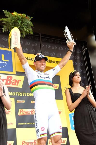 World champion Thor Hushovd (Garmin-Cervelo) celebrates his ninth Tour stage win.