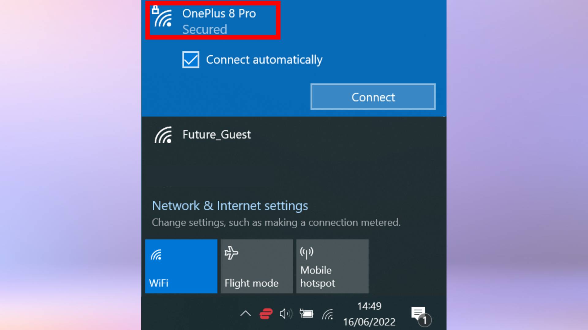Screenshot of the Wi-Fi menu on a Windows laptop.  The network name at the top of the list is highlighted.
