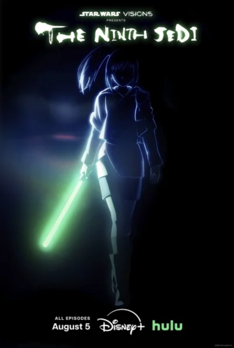 Um pôster da série de anime com uma garota segurando um sabre de luz verde