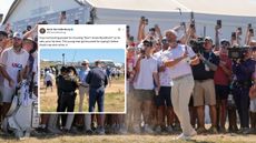 Wyndham Clark hitting an iron shot from near the crowd at the US Open and an overlay of an X post from @KVanValkenburg showing a fan getting spoken to by sheriffs