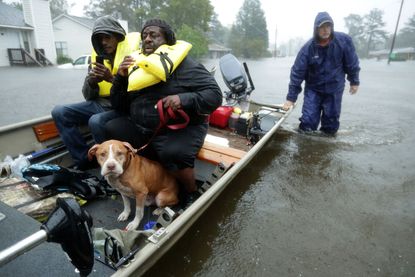 Volunteers help rescue residents and their pets from their flooded homes during Hurricane Florence September 14, 2018 in New Bern, North Carolina. 