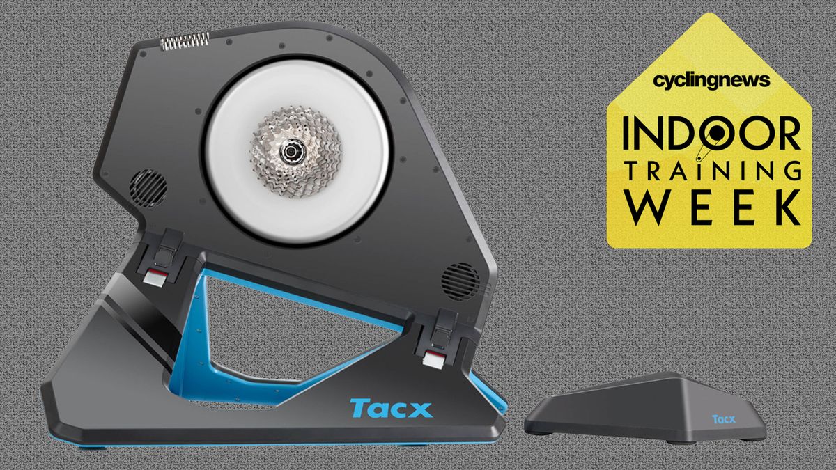 Image of Tacx Neo 2T turbo trainer, overlaid with Cyclingnews indoor training week badge