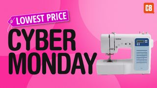 The best beginner sewing machine Cyber Monday deals; a white sewing machine on a pink background
