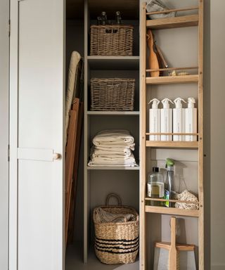 The inside of a green-gray painted storage cabinet with cleaning products stacked in door storage and baskets.