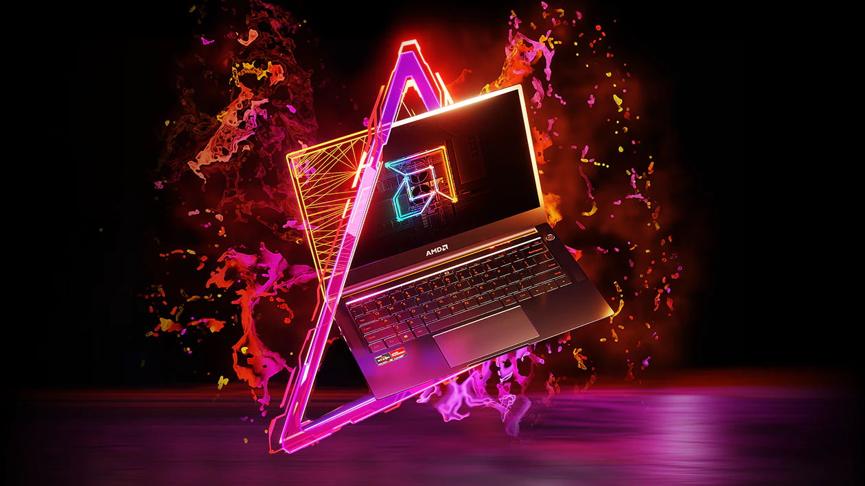 A vibrant illustration of a powerful AMD laptop
