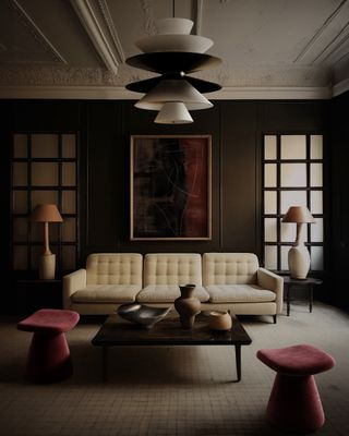 A living room with cream sofa and plum stools