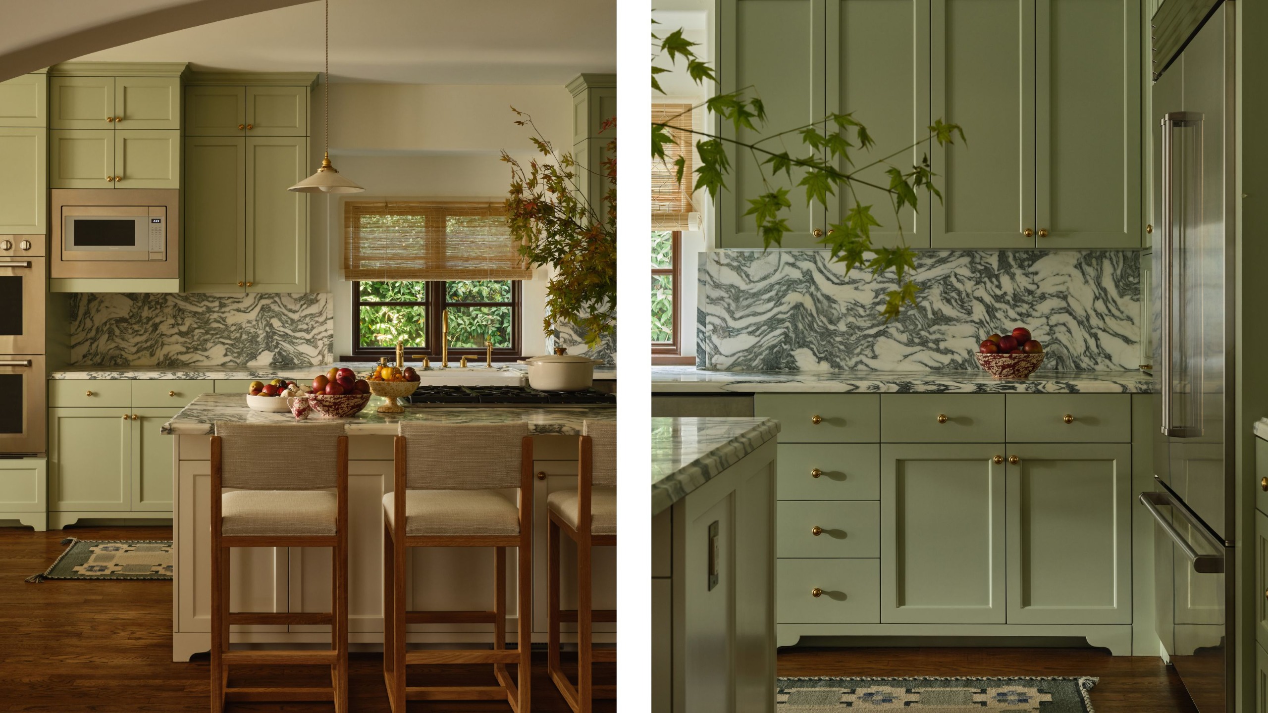 two side by side images of a light green traditional kitchen with decorative toe kicks and dramatic marble