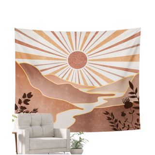 A sun tapestry next to a gray chair